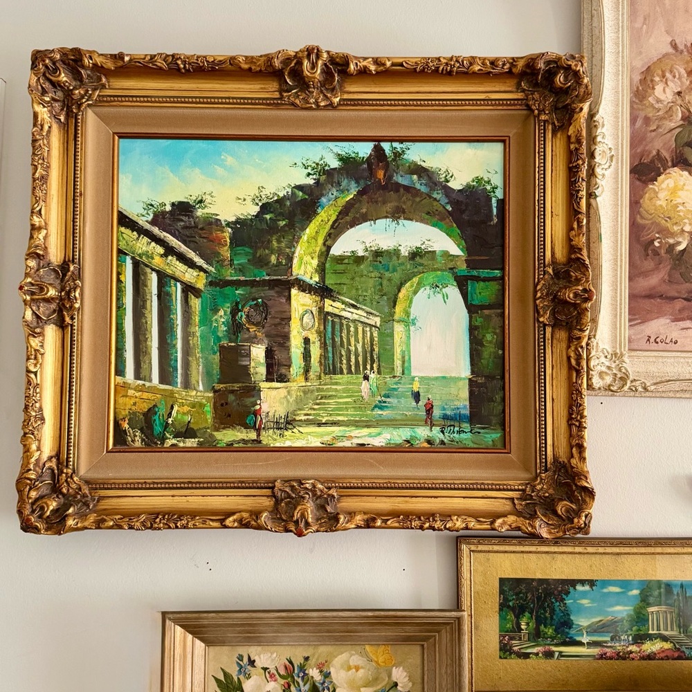 Original Mid-Century Oil Painting of Classical Ruins in Ornate Gold Floral Frame